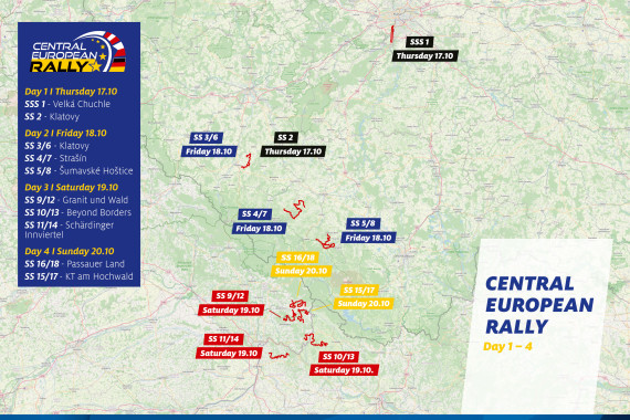 Die Wertungsprüfungen der Central European Rally (17. – 20. Oktober) verteilen sich auf Österreich, Tschechien und Deutschland